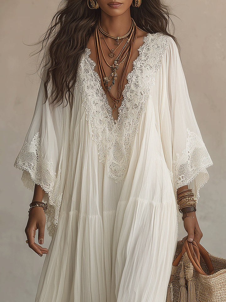 Vestito lungo donna bianco con pizzo e scollo a V, bohemien, ottimo per spiaggia, estate e relax.