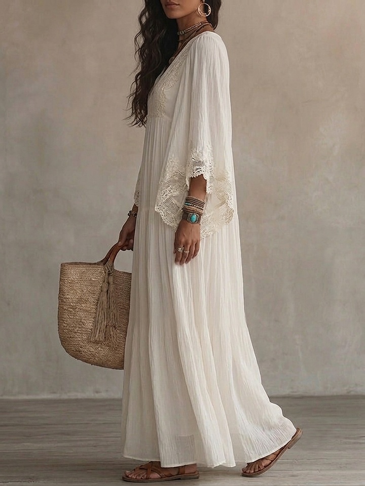 Abito lungo estivo bianco con pizzo, scollo a V, stile bohemien, per donna, casual elegante.