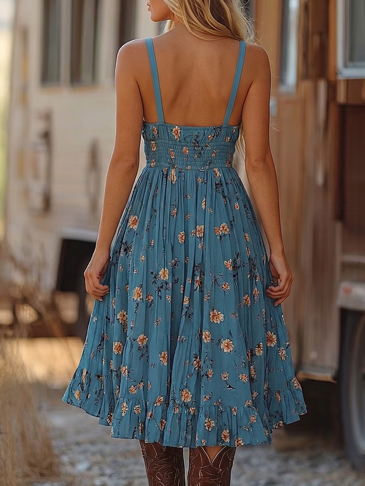 Abito estivo floreale blu da donna, mini, con volant, ideale per look casual e femminili in vacanza.