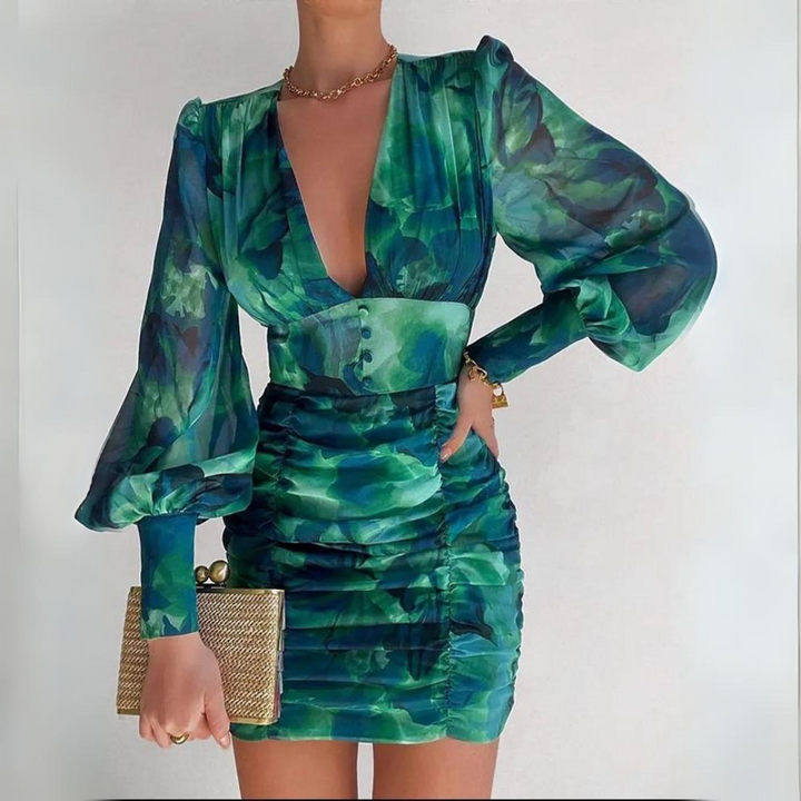 Elegante vestito mini donna verde bluastro con maniche a lanterna, ideale per occasioni speciali autunnali.