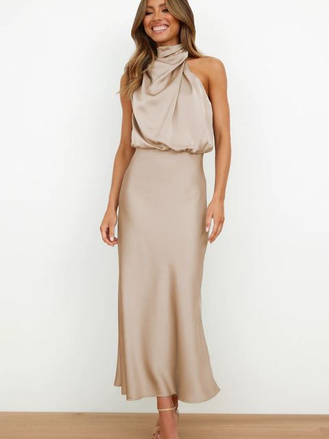 Vestito cocktail midi elegante donna, scollo all'americana con cintura, ideale per eventi speciali autunnali.
