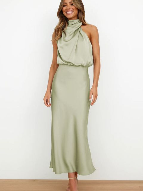 Abito midi elegante da donna, scollo all'americana e cintura, per cocktail, serate o occasioni speciali con stile.