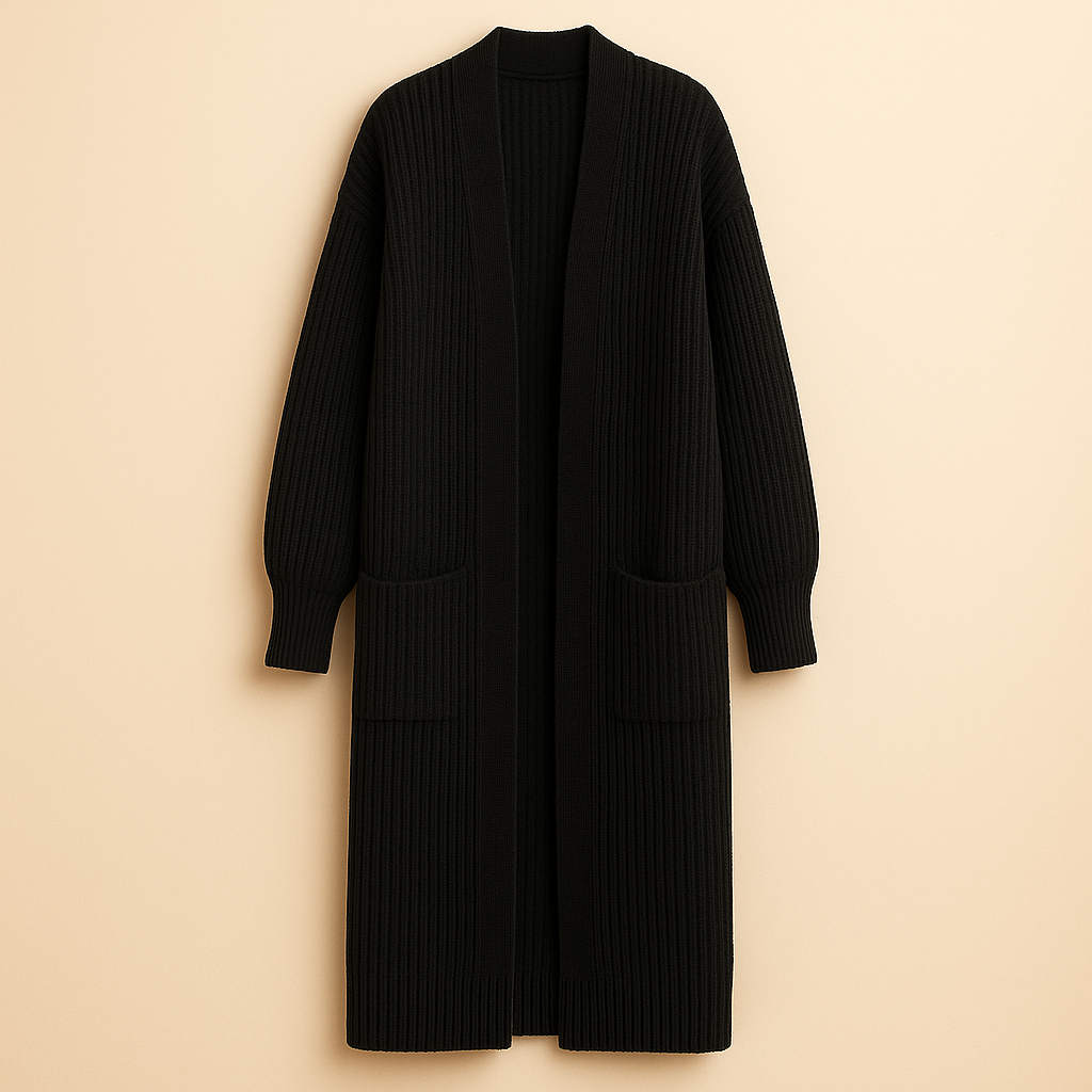 Cardigan donna lungo oversize aperto con vestibilità ampia, perfetto per il comfort invernale e la moda casual.