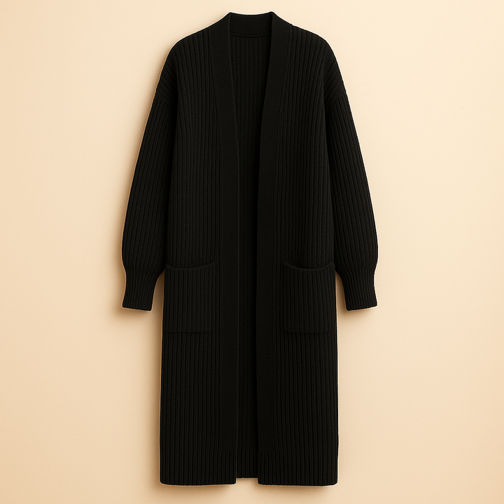 Cardigan donna lungo oversize aperto con vestibilità ampia, perfetto per il comfort invernale e la moda casual.