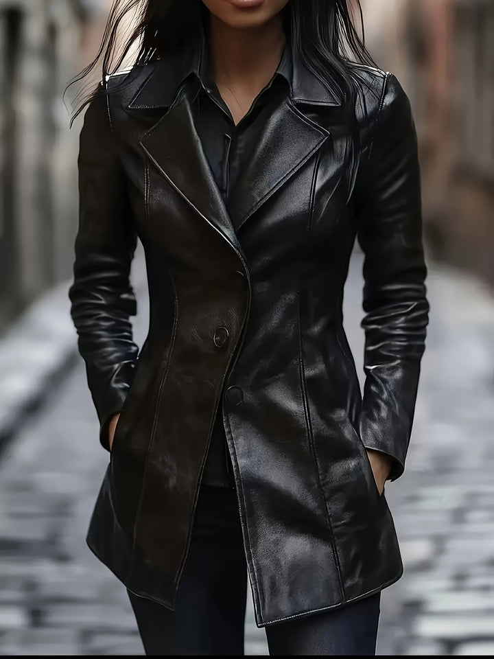 Dettaglio: revers eleganti su cappotto midi nero da donna. Moda sofisticata e tessuto di qualità.