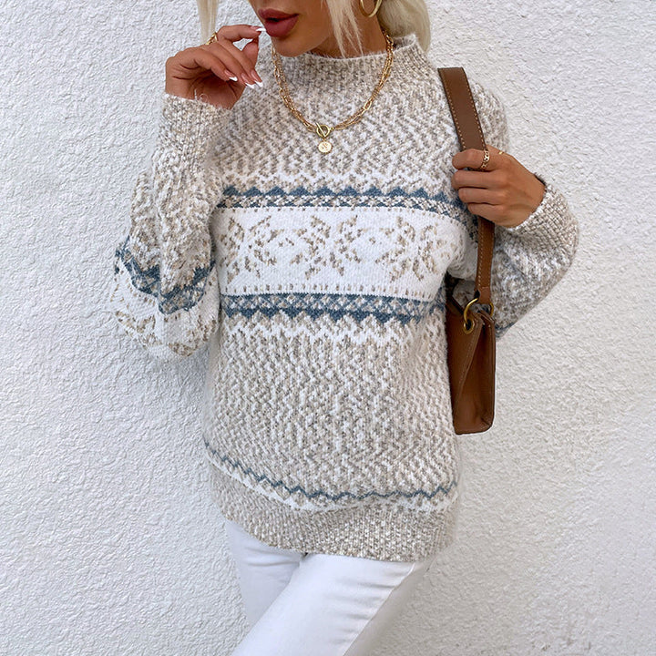 Moda maglione donna collo alto per inverno. Intreccio jacquard fiocchi di neve, caldo e sofisticato.