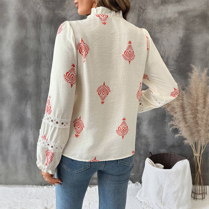Camicia da donna primavera estate, manica lunga, stampa etno, colletto alla coreana, per un abbigliamento chic.