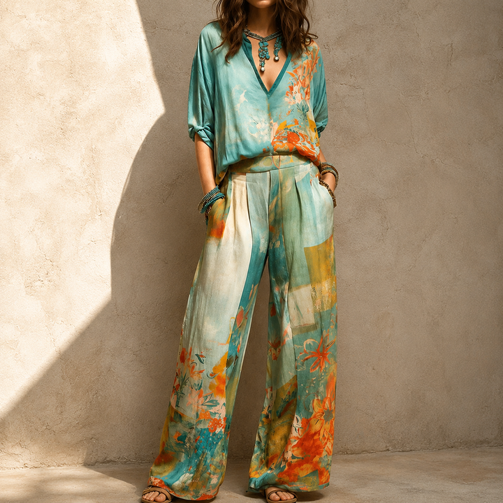 Set donna elegante floreale blu con top e pantalone ampio, perfetto per serate speciali.