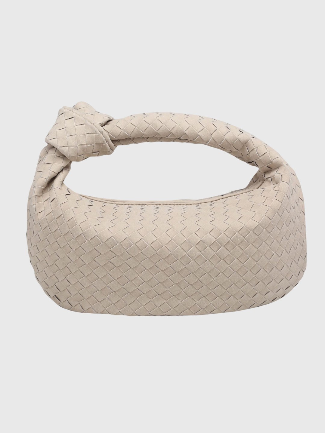 Borsa chic in suede intrecciato, media, con nodo, ideale per look sofisticati.