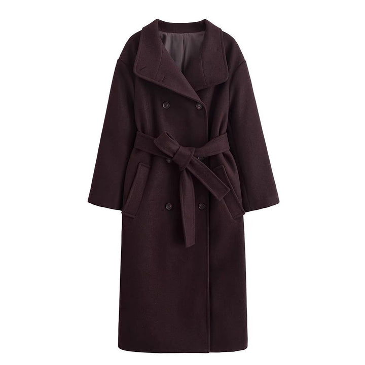 Elegante cappotto invernale da donna doppiopetto, lungo e con cintura. Ideale per un look classico e sofisticato.