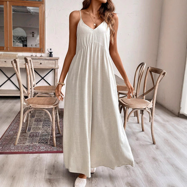 Abito lungo donna albicocca senza spalline, linea ad A fluida, ideale per l'estate e la moda mare.