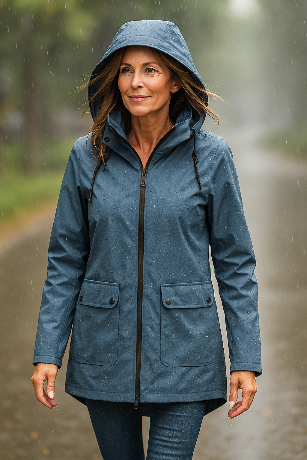 Vista posteriore della giacca impermeabile donna elegante, con cappuccio e silhouette raffinata per outerwear chic.