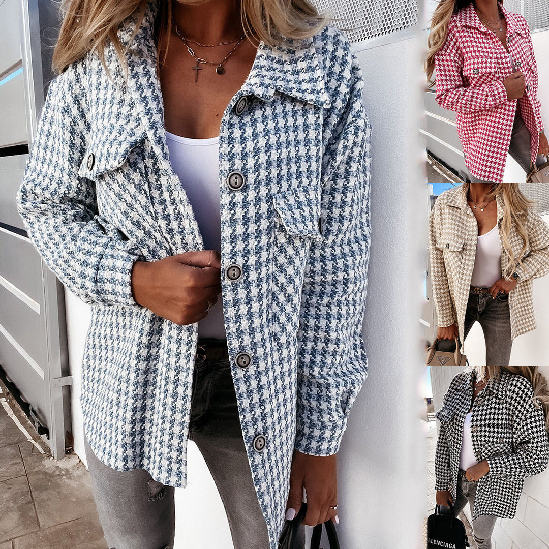 Cappotto donna in lana pied-de-poule, look elegante strutturato per moda autunnale chic. Capospalla donna.
