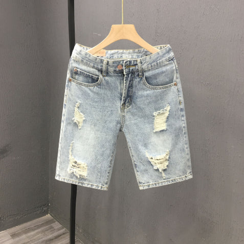 Shorts uomo comodi e versatili, blu strappati vita media, perfetti per outfit casual estivi.