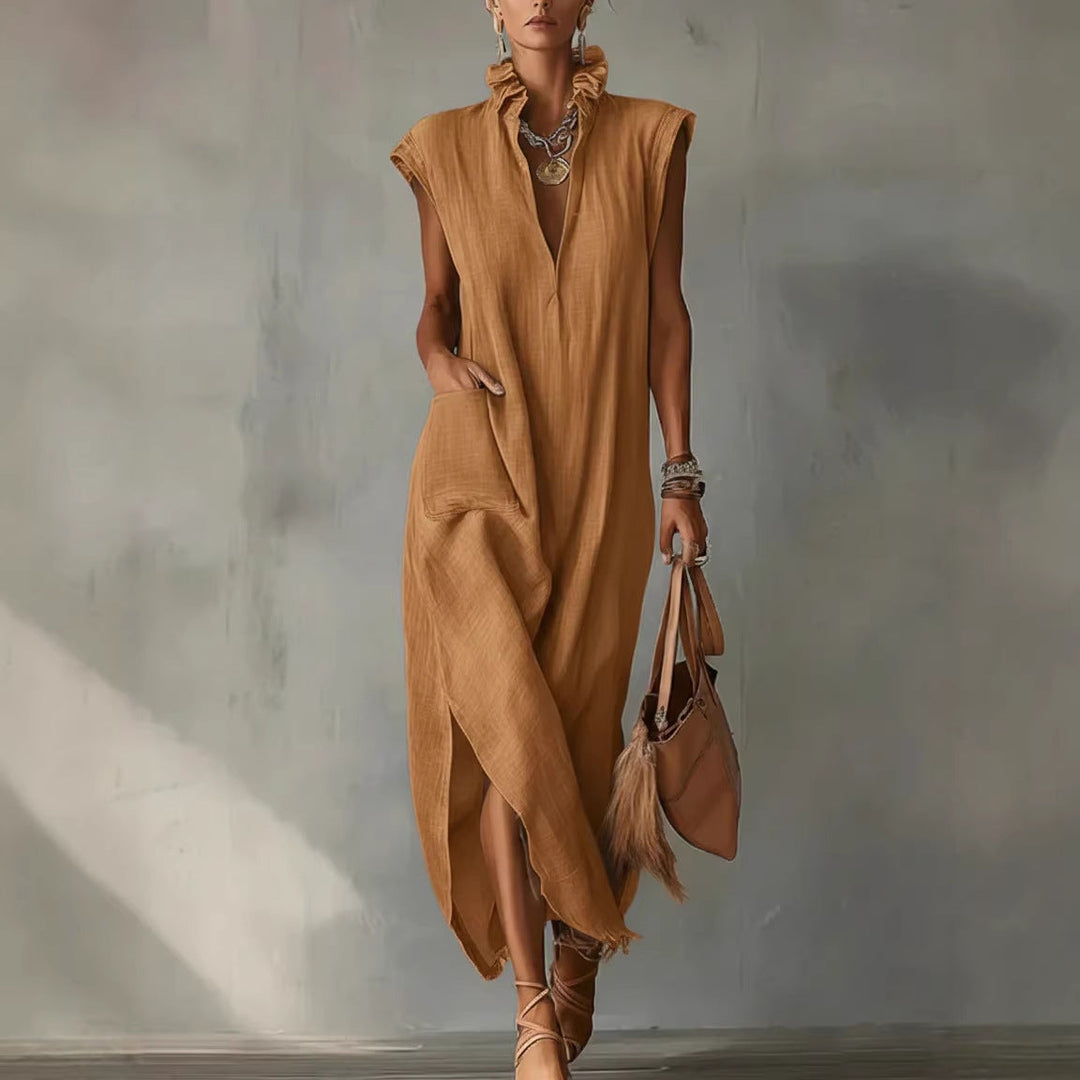 Camicia vestito donna midi senza maniche, un capo versatile tinta unita per comfort e stile quotidiano. Ideale per l'estate.