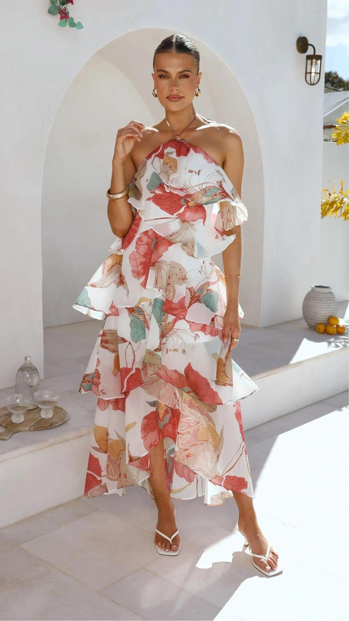 Casual chic: abito lungo donna estivo, stampa floreale e design con spalle scoperte.