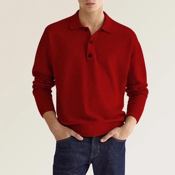 Vista laterale maglia polo uomo a maniche lunghe. Design autunnale con scollo a V, per un look moderno e comodo.