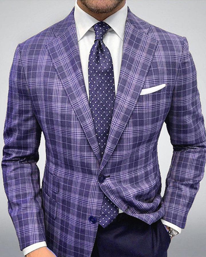 Giacca da uomo slim fit viola, versatile per business e casual. Design moderno con due bottoni e collo a ribalta.