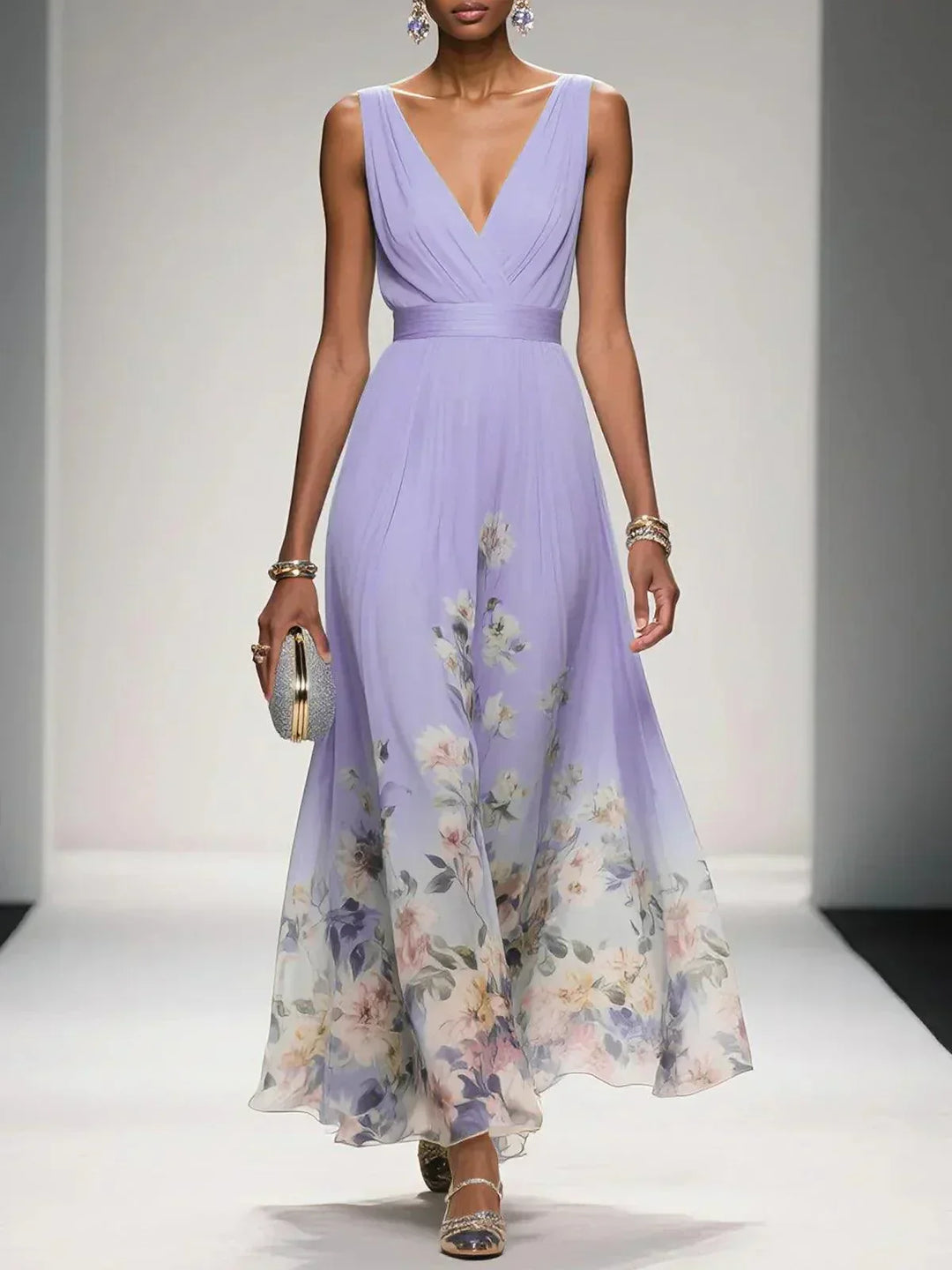 Vestito lungo floreale con scollo V, vestibilità fluida, ideale per eventi autunnali.