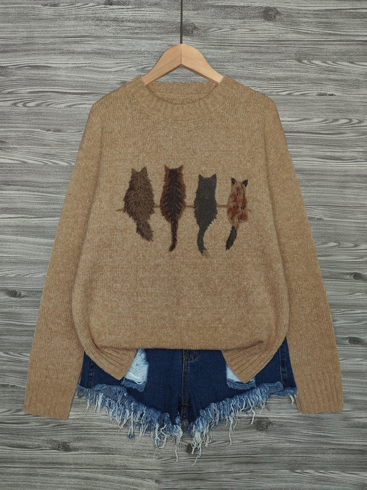 Maglione oversize donna, gatti. Girocollo, vestibilità comoda per il tuo inverno casual.