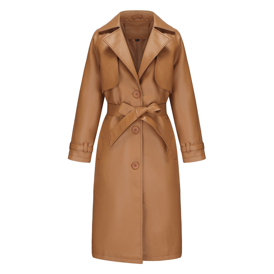 Trench donna marrone, elegante e lungo, con cintura in vita e collo a revers classico.