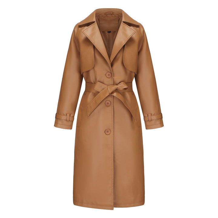 Trench donna marrone, elegante e lungo, con cintura in vita e collo a revers classico.