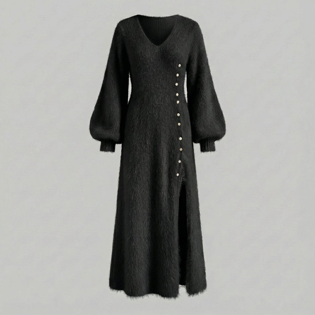 Vestito da sera nero donna, lungo ed elegante, con profondo scollo a V e maniche lunghe per l'inverno.