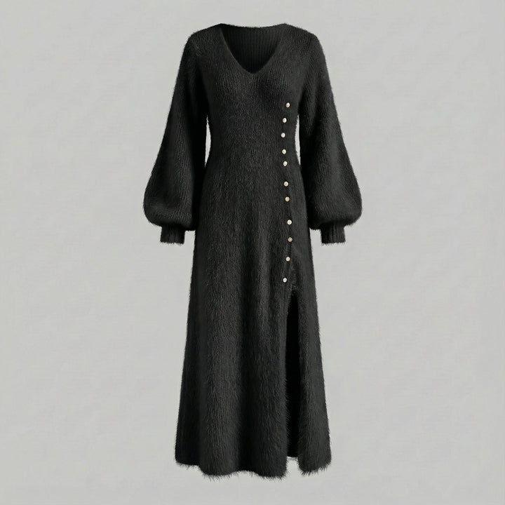 Vestito da sera nero donna, lungo ed elegante, con profondo scollo a V e maniche lunghe per l'inverno.