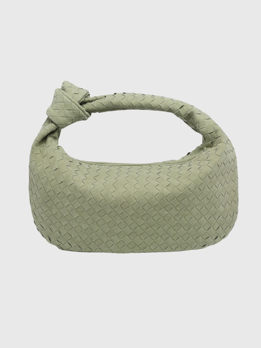 Raffinata borsa donna in suede intrecciato, media, con un nodo distintivo.