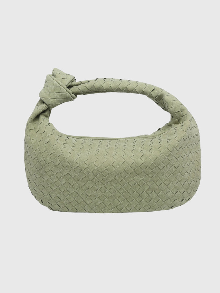 Raffinata borsa donna in suede intrecciato, media, con un nodo distintivo.