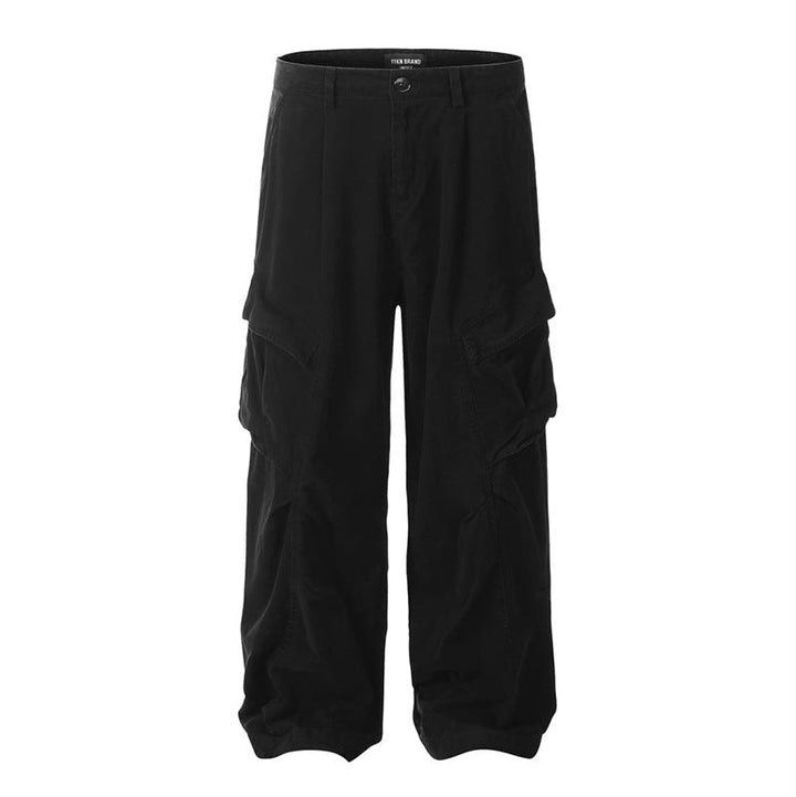 Pantaloni utility uomo cargo a gamba larga, vestibilità dritta, tasche multiple. Ideali per streetwear casual e tempo libero.
