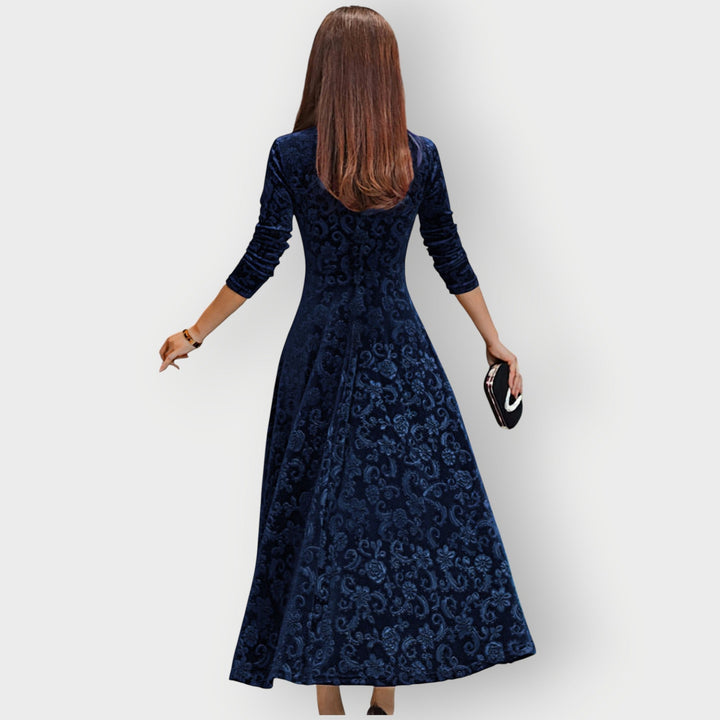 Cerimonia: abito midi donna scollo a V, gonna svasata. Eleganza vintage per occasioni speciali.