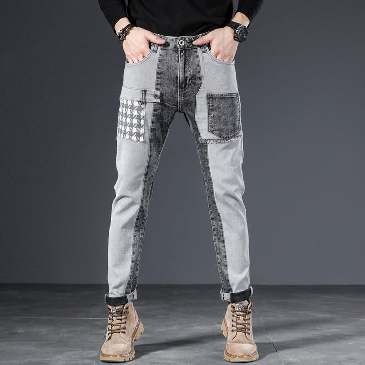 Jeans uomo slim fit skinny elasticizzati grigi, vita media, ideali per look casual e versatili tutto l'anno.
