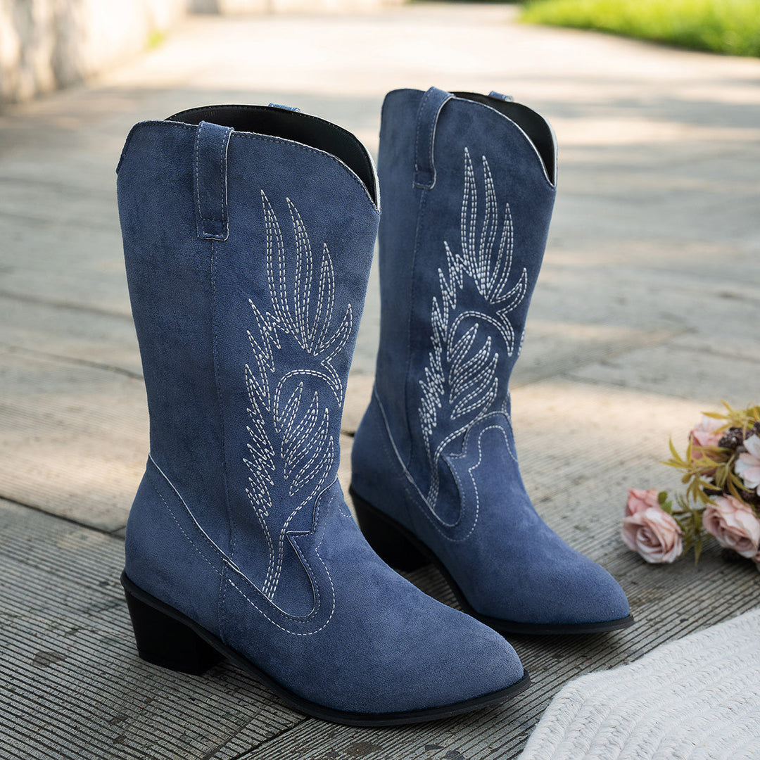 Stivali blu navy da donna, stile cowboy al ginocchio, con ricami western e tacco per un tocco di moda.