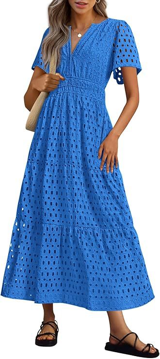 Abito estivo lungo donna, scollo a V, maniche corte. Perfetto per serate calde e relax.