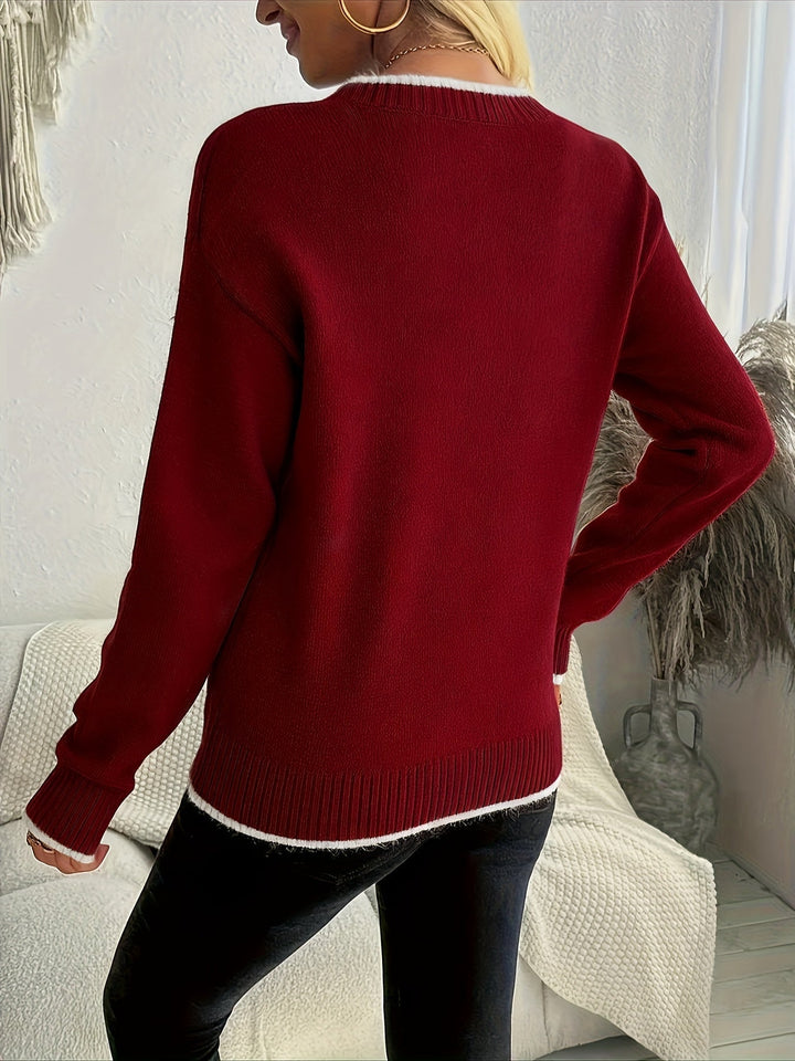 Caldo maglione donna invernale con girocollo e fantasia fiocchi di neve. Perfetto abbigliamento casual per l'inverno.