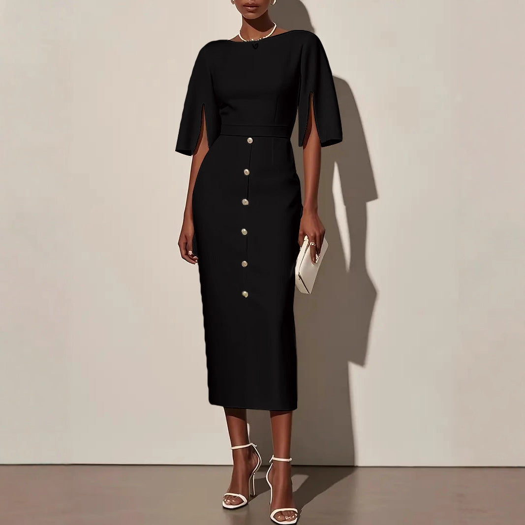 Vestito midi donna nero elegante con vita definita, maniche a 3/4. Ideale per look ufficio o serate.