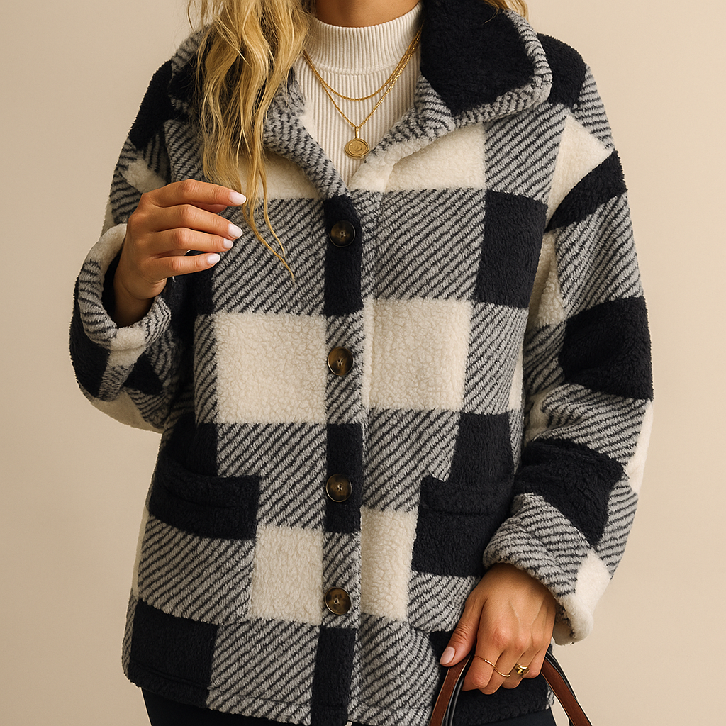 Giacca donna a quadri invernale rosa e nero, con bottoni a pressione. Comfort e stile casual per l'outwear invernale.