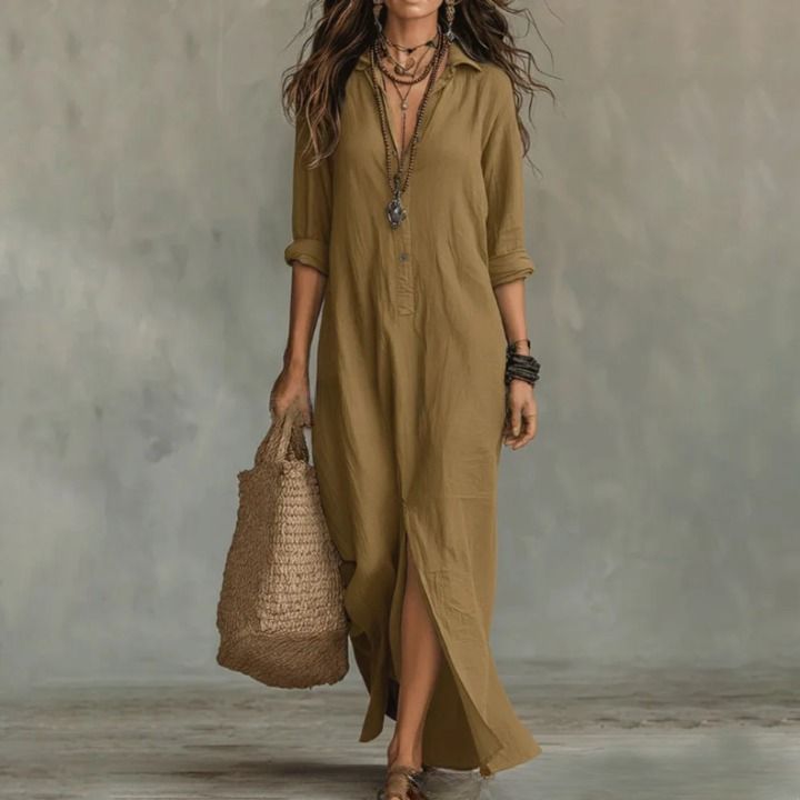 Chemisier lungo rosa da donna, casual chic e confortevole, ideale come vestito estivo versatile.