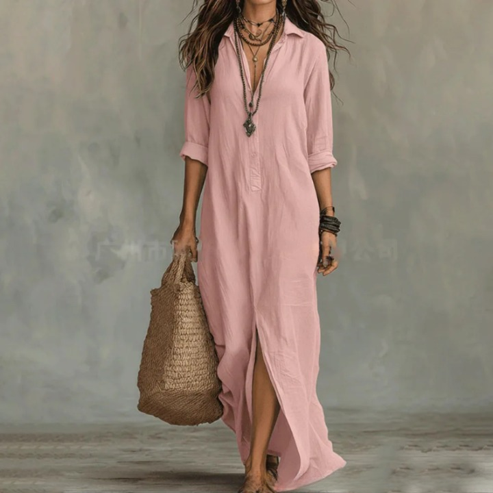 Elegante abito chemisier nero lungo da donna, per un look sofisticato e versatile dalla mattina alla sera.