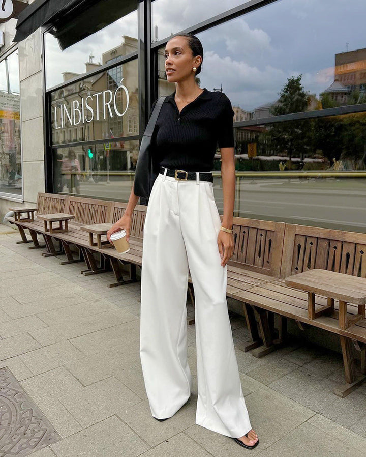 Scegli i pantaloni donna vita alta, gamba dritta, ampi. Ideali per eleganza casual e professionale.