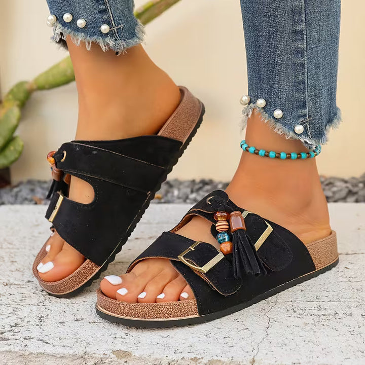 Sandali estivi donna Rio Tassel marroni, calzature eleganti e comode per le tue giornate di sole.