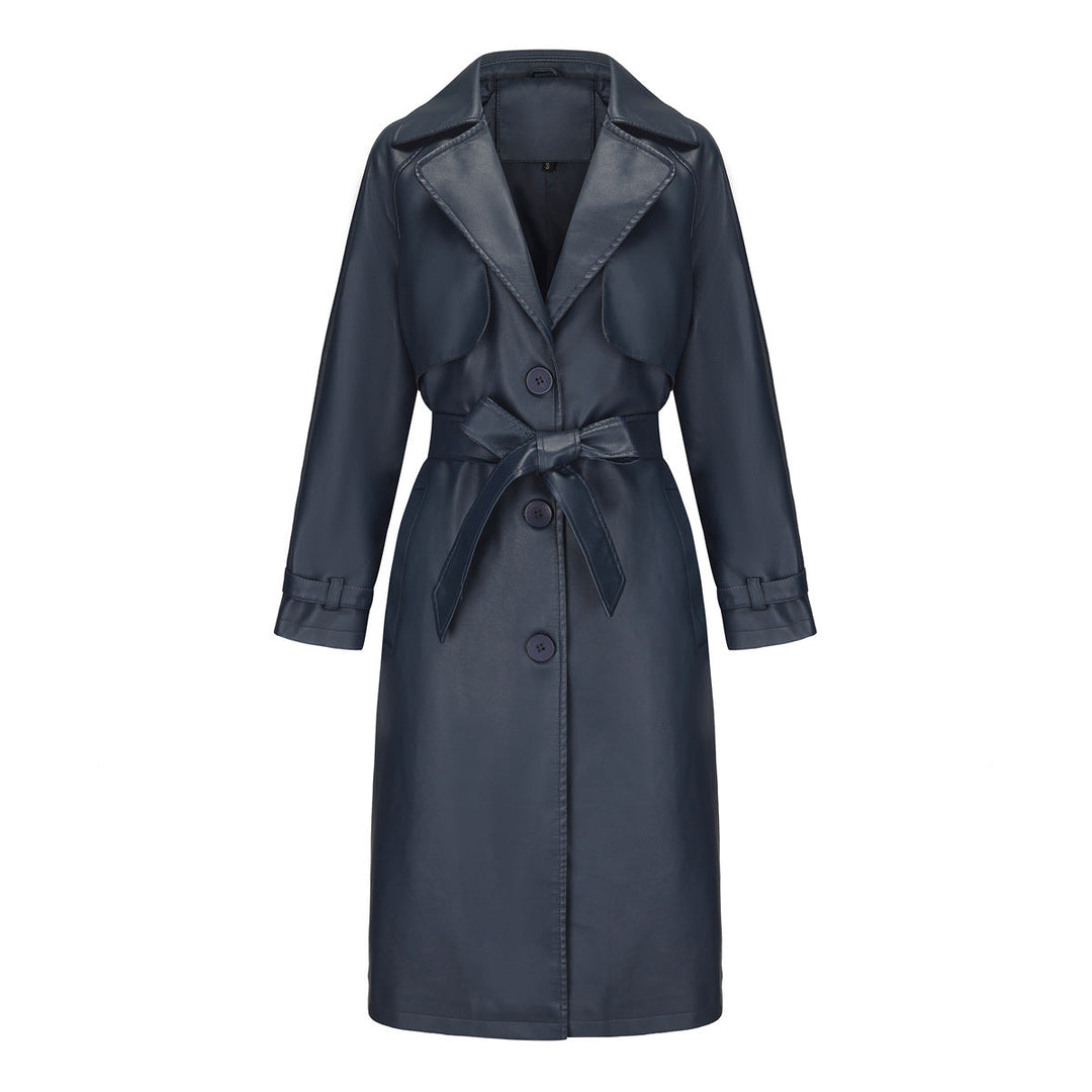 Trench femminile lungo con cintura, revers, ottimo per un look moderno e di tendenza per la donna.