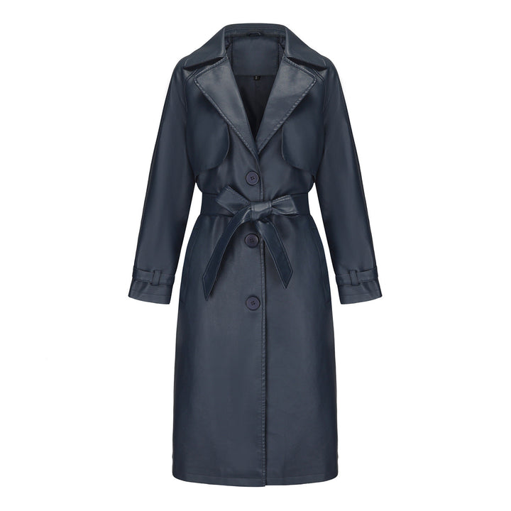 Trench femminile lungo con cintura, revers, ottimo per un look moderno e di tendenza per la donna.