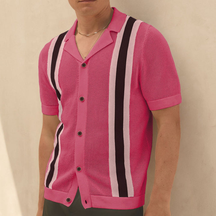 Camicia uomo estiva casual a blocchi di colore, vestibilità ampia con colletto cubano. Ideale per tempo libero e moda uomo.