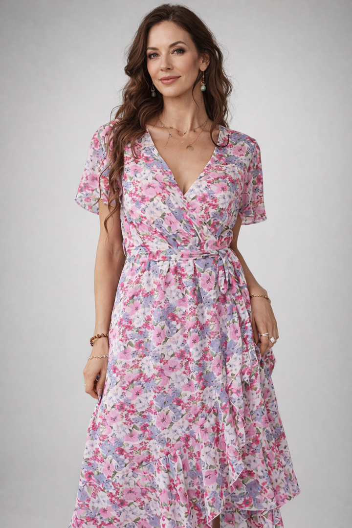 Abito donna midi floreale casual chic, versatile per ogni occasione di moda.