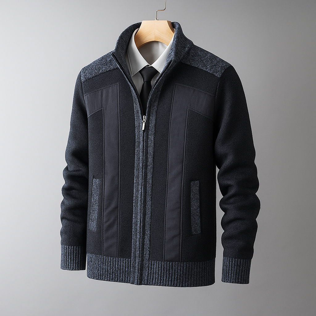 Giacca uomo per l'inverno, colore nero, con zip e dettagli strutturati. Un capo di moda versatile per ogni occasione.