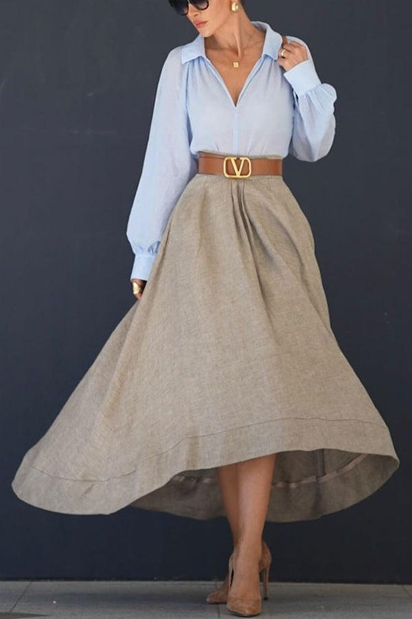 Moda femminile: gonna lunga asimmetrica color khaki, vita elasticizzata. Versatile per look estivi casual.