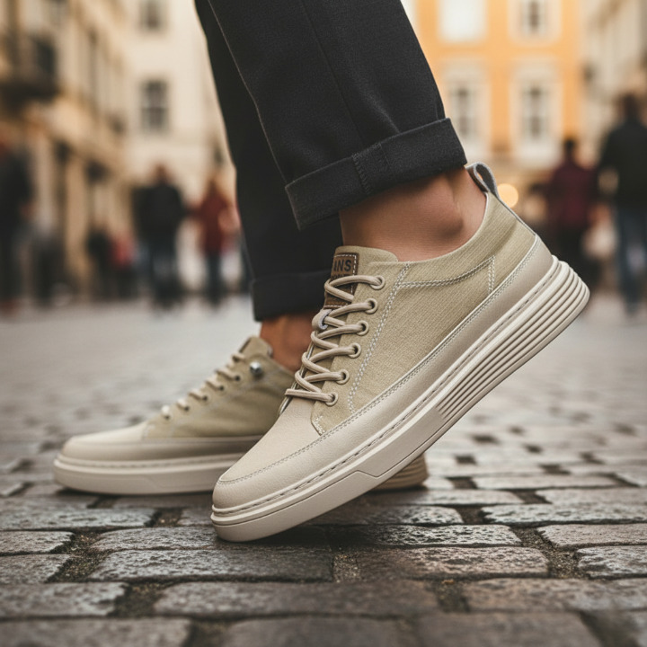 Sneakers uomo moderne e leggere, perfette per la città. Design pulito in nero con dettagli bianchi, per comfort e stile.