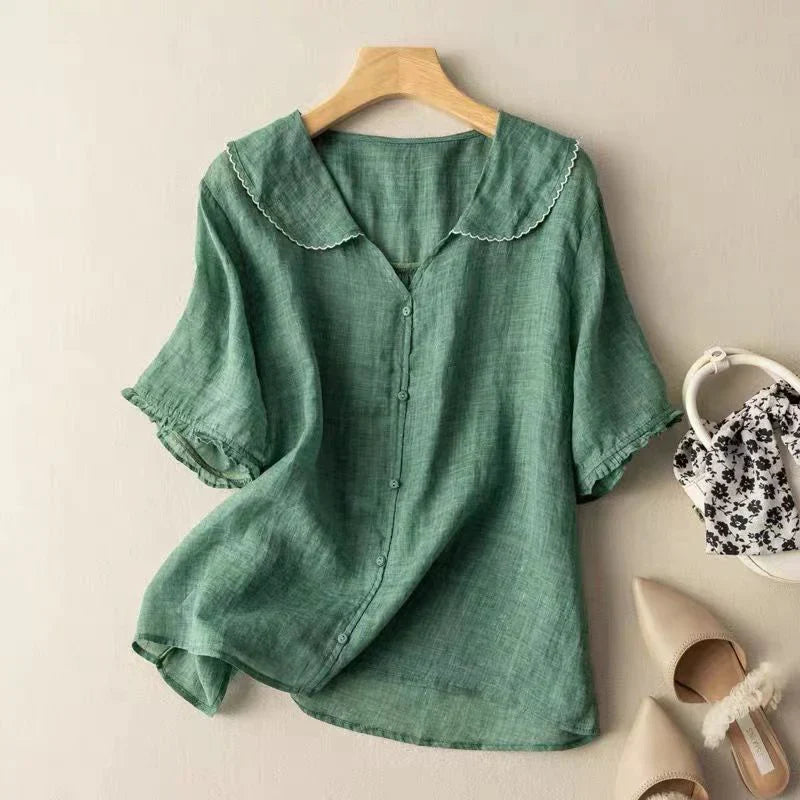 Camicetta estiva donna casual con scollo a V, maniche corte. Blusa ampia e fresca, perfetta per la moda estiva.